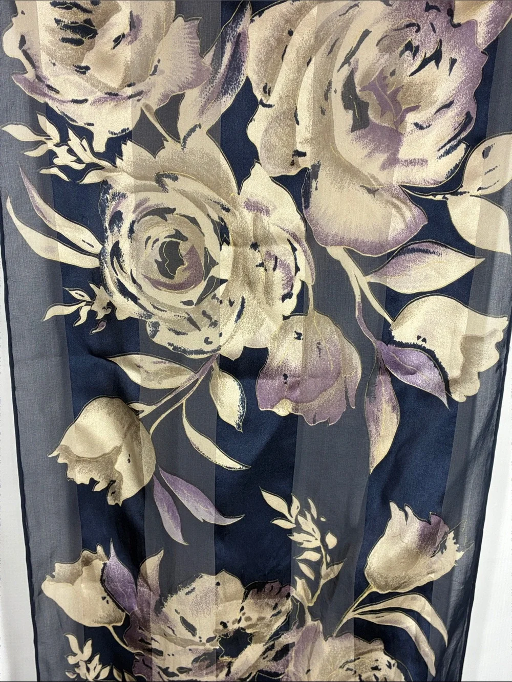 Bill Blass Navy Floral Satin Scarf - Navy, Cream & Lavender